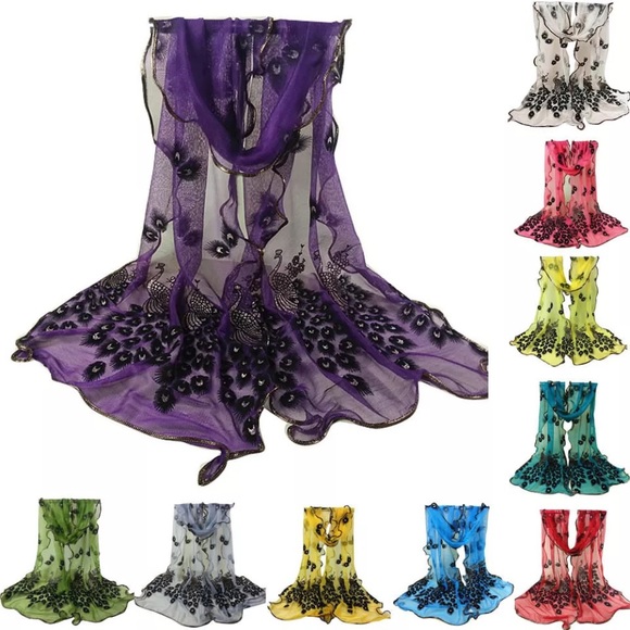 🌸TEAL PEACOCK EMBROIDERED SCARF VELVET WRAP BOHO TURQUOISE LONG MULTIPURPOSE - Picture 6 of 7